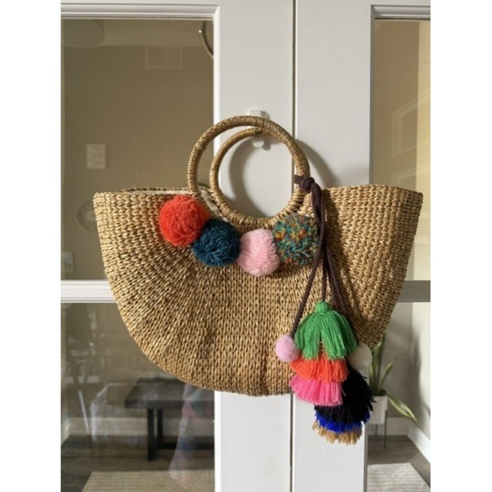Boho Straw Woven Pompom Tassel Tote Bag Summer Beach Vacation Handbag Tan